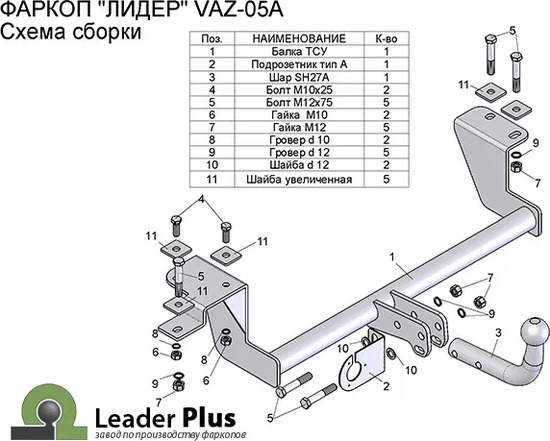 Фаркоп Лидер-Плюс для Lada Priora 2013-2018. Артикул VAZ-05A