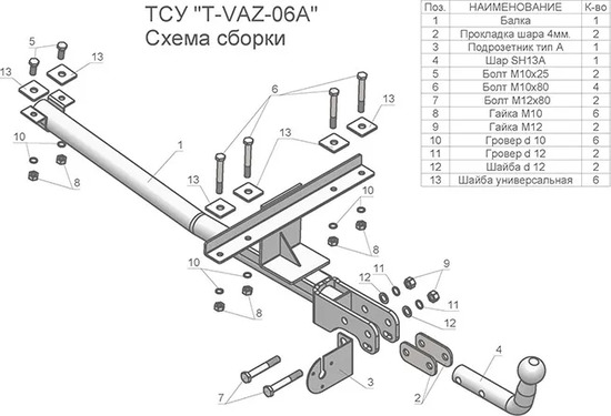Фаркоп Tavials (Лидер-Плюс) для ВАЗ 2114 (со съемным шаром) 2001-2013. Артикул T-VAZ-06A