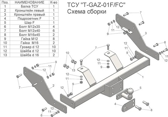Фаркоп Tavials (Лидер-Плюс) (со съемным шаром) для ГАЗ Газель (2705) (кроме 4WD без снятия запасного колеса) 1995-2009. Фланцевое крепление. Артикул T-GAZ-01FC
