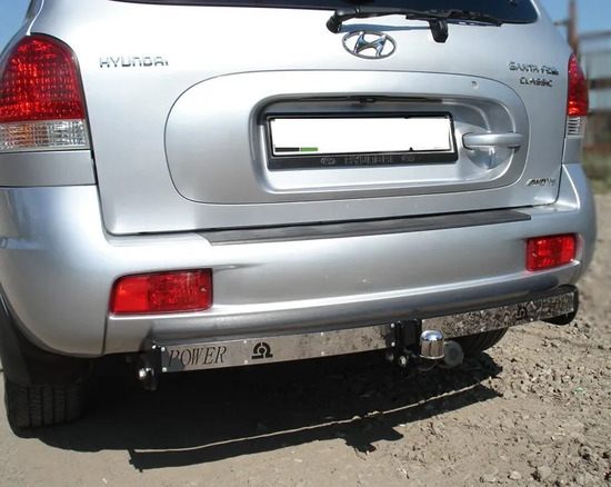 Фаркоп Лидер-Плюс для Hyundai Santa Fe I Classic (ТагАЗ) 2001-2013 (с накладкой из нерж. стали). Артикул H205-A(N)